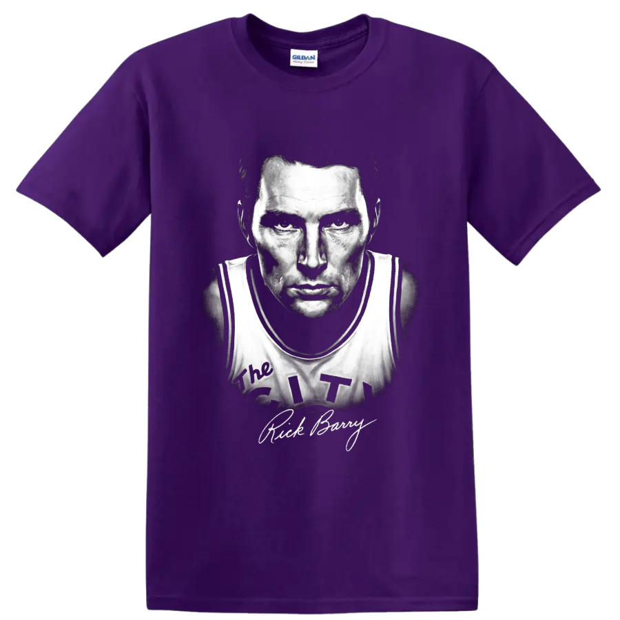 Rick Barry No. 24 basketball player monochrome portrait with signature-style text on a Purple T Shirt
