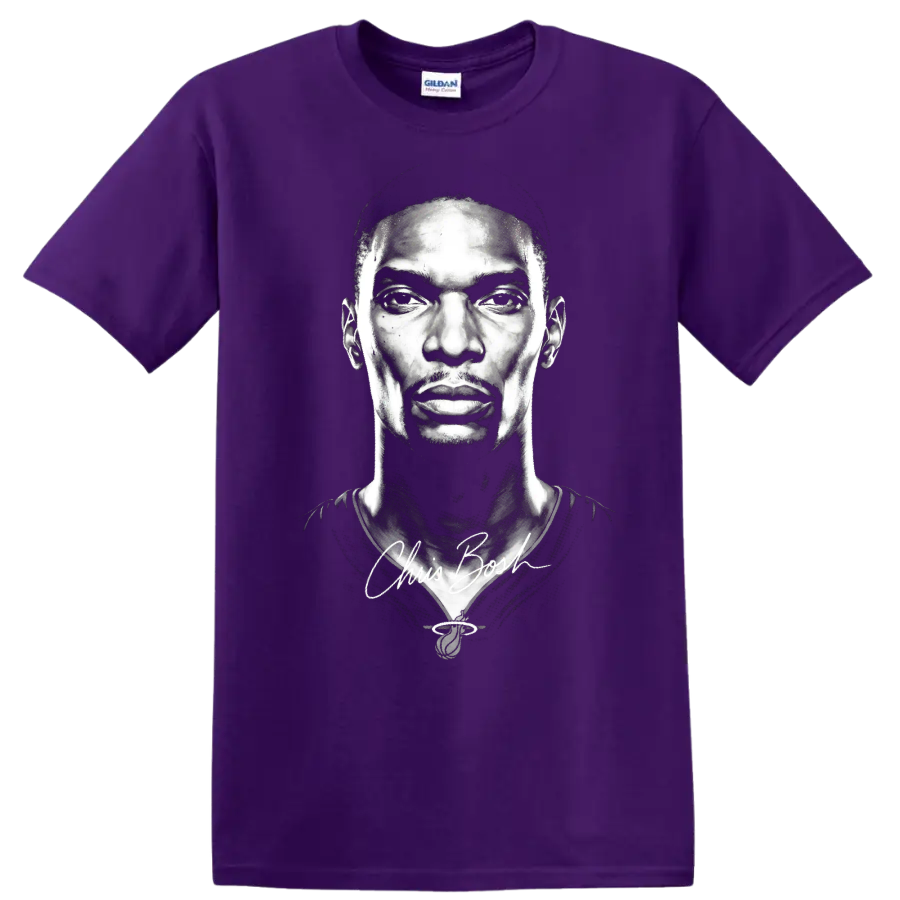 Chris Bosh black-and-white basketball portrait with signature-style script on a Purple T Shirt