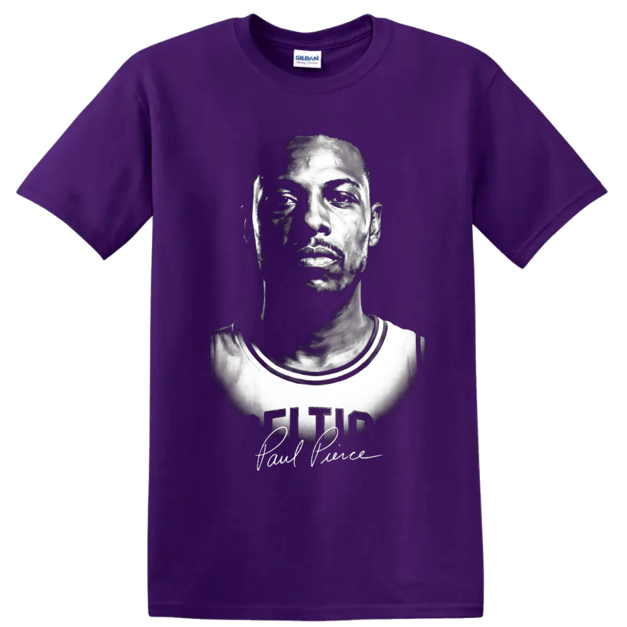 Black-and-white Paul Pierce Boston Celtics No. 34 portrait with signature-style script on a Purple T Shirt