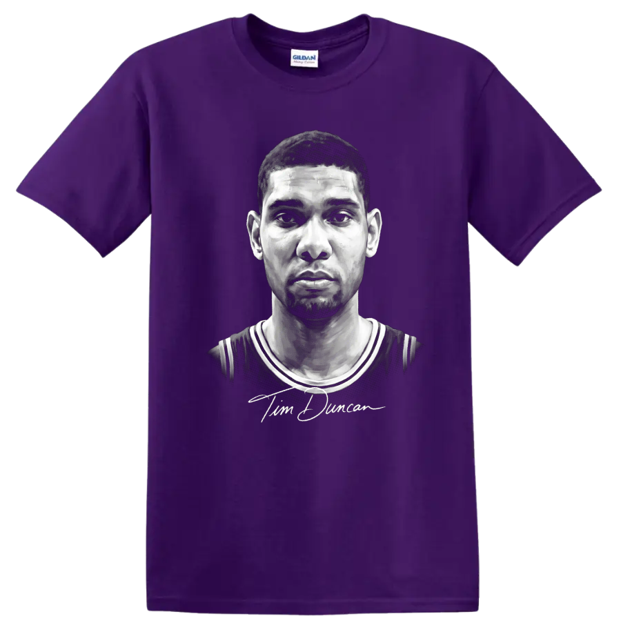 Grayscale Tim Duncan basketball portrait in No. 21 jersey with signature-style script on a Purple T Shirt