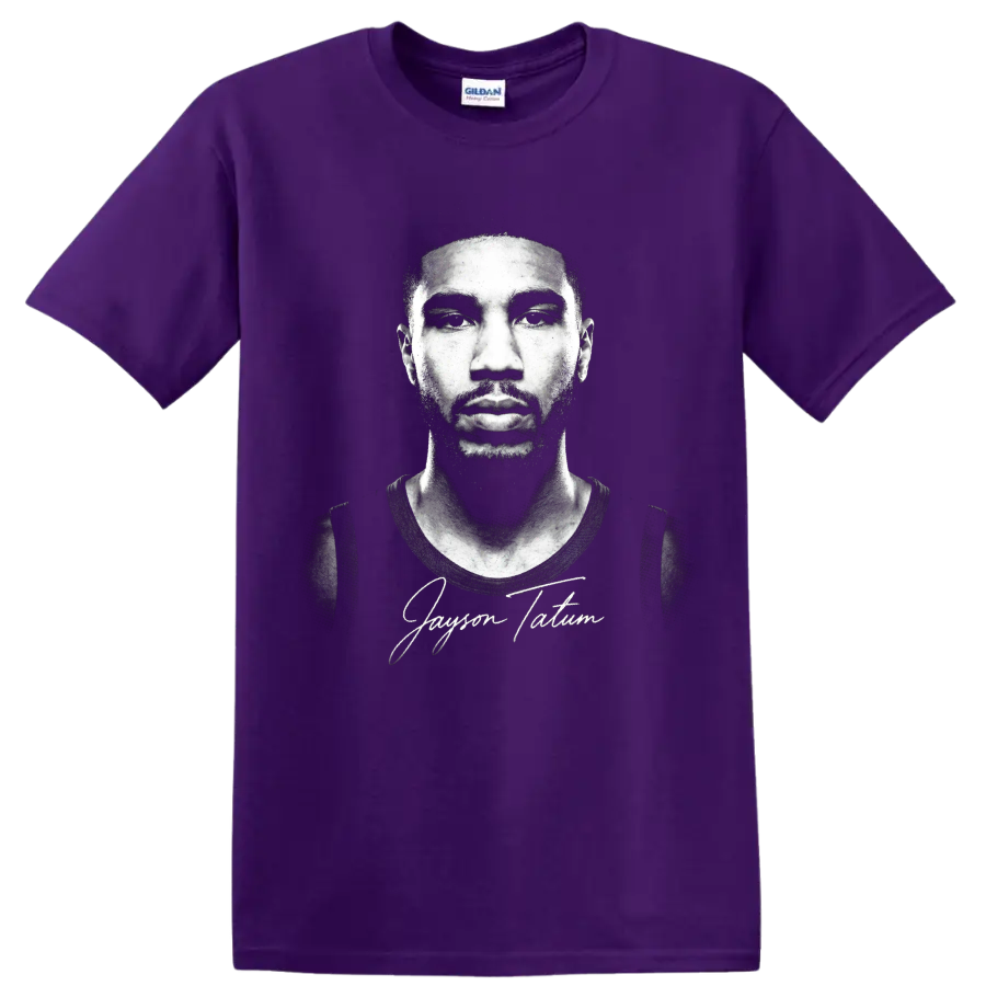 Jayson Tatum monochrome basketball portrait with signature-style text on a Purple T Shirt