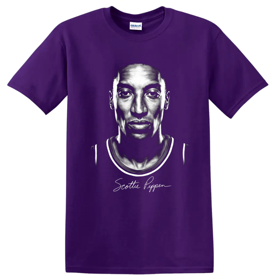 Scottie Pippen grayscale basketball portrait with signature-style script on a Purple T Shirt