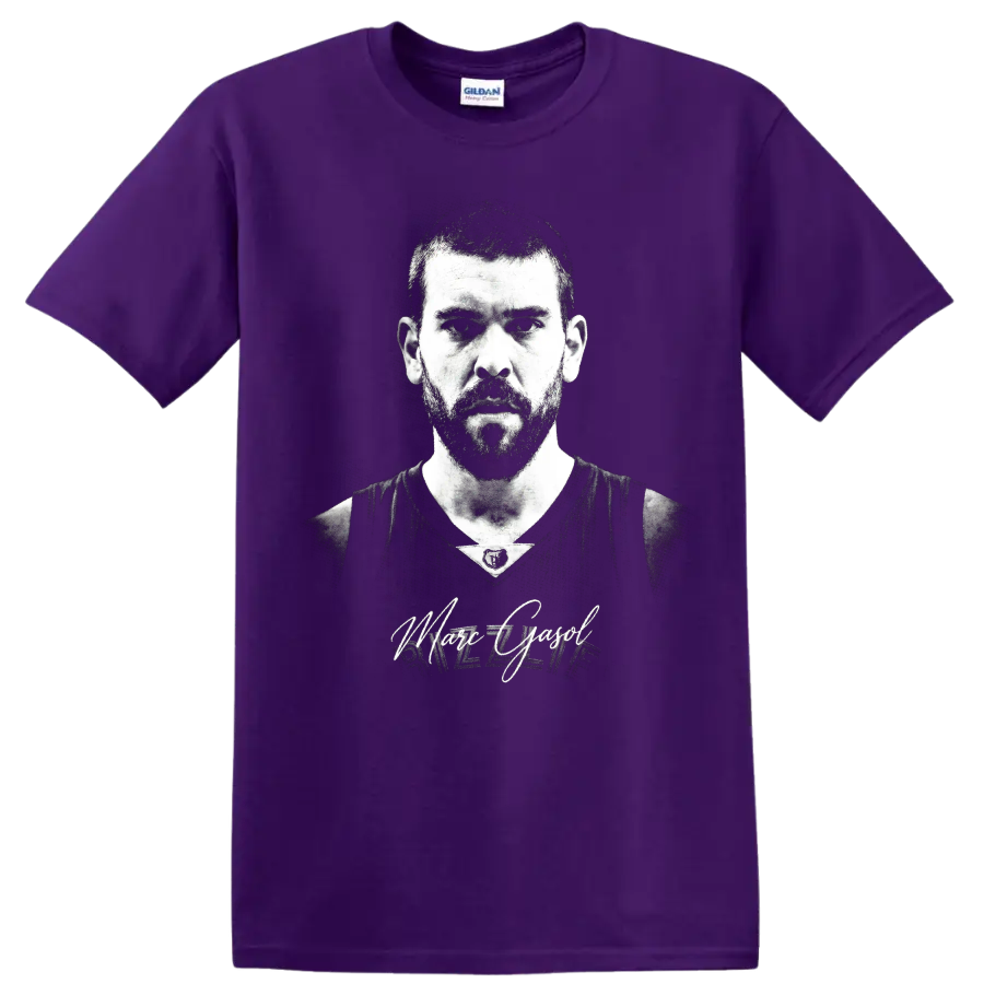 Marc Gasol black-and-white basketball portrait with signature and number 33 on a Purple T Shirt