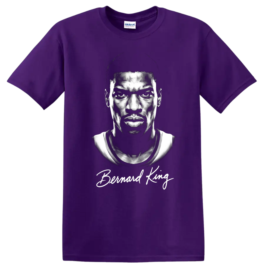 Monochrome Bernard King basketball portrait with signature-style Bernard King text on a Purple T Shirt