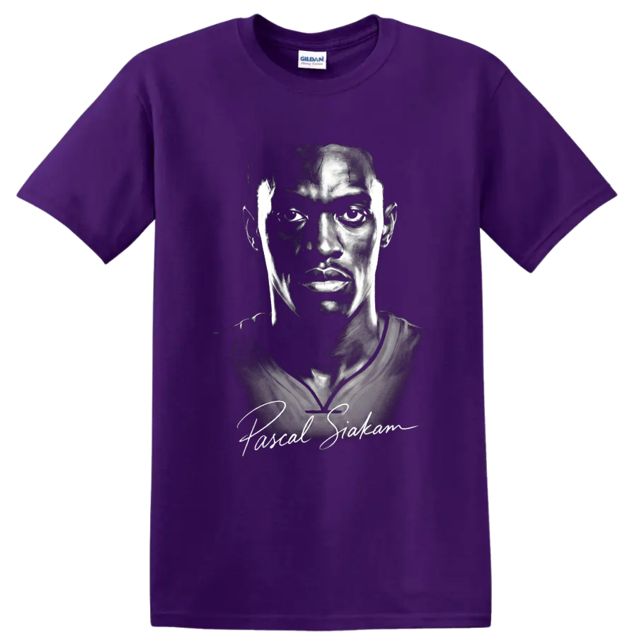 Pascal Siakam monochrome basketball portrait with signature-inspired script on a Purple T Shirt