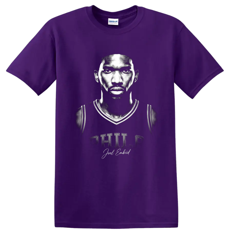 Monochrome Joel Embiid Philadelphia 76ers No. 21 portrait with Philly lettering on a Purple T Shirt