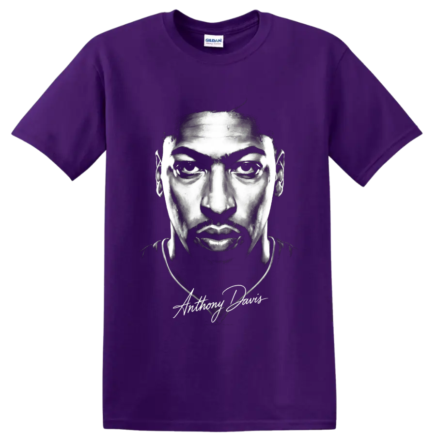 Anthony Davis monochrome basketball portrait with signature-style script on a Purple T Shirt