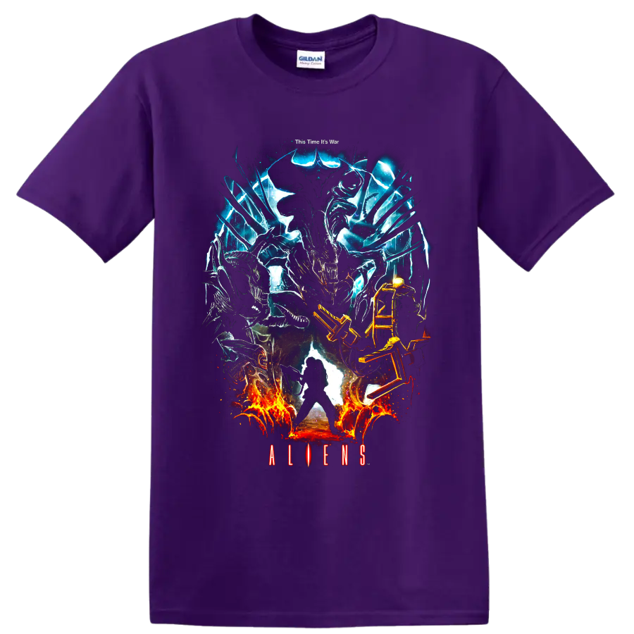 Aliens Xenomorph graphic print with blue energy and fiery battle effects on a Purple T Shirt