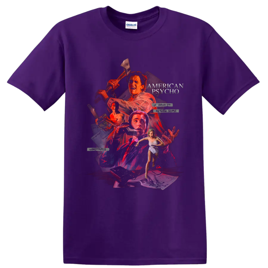American Psycho axe collage graphic print with movie title text on a Purple T Shirt