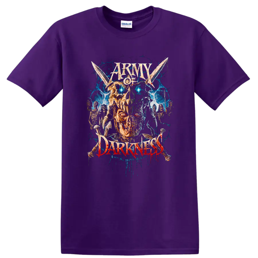 Army of Darkness graphic print with fiery skull and skeleton warriors on a Purple T Shirt