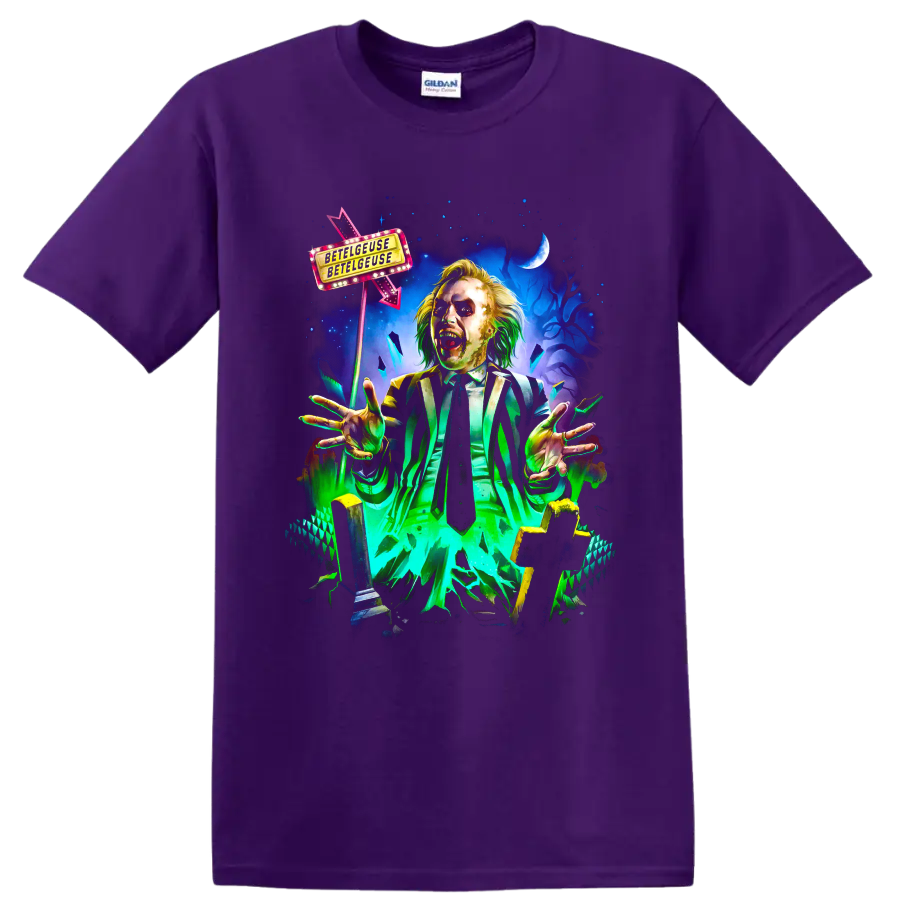 Beetlejuice striped-suit ghost in neon gothic movie artwork on a Purple T Shirt