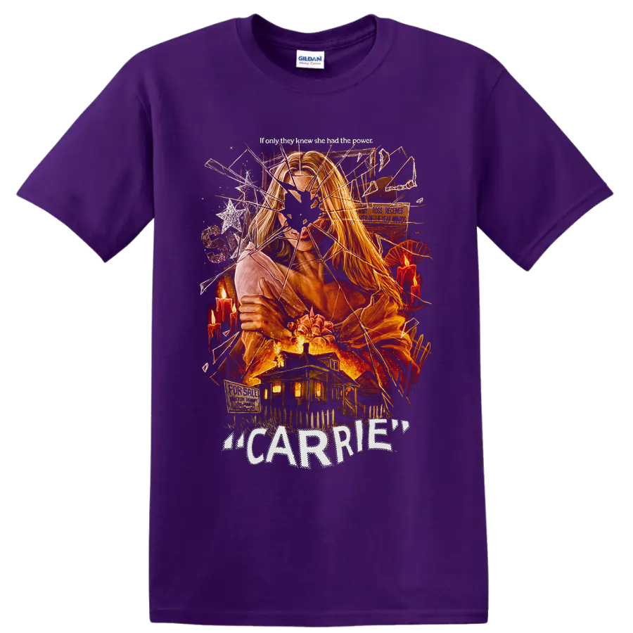 Carrie horror graphic with fiery psychic portrait and haunted house on a Purple T Shirt