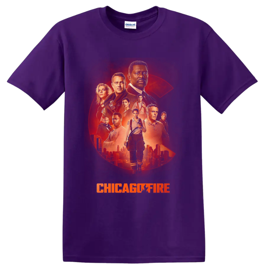 Chicago Fire cast portrait graphic with distressed halftone firefighter design on a Purple T Shirt