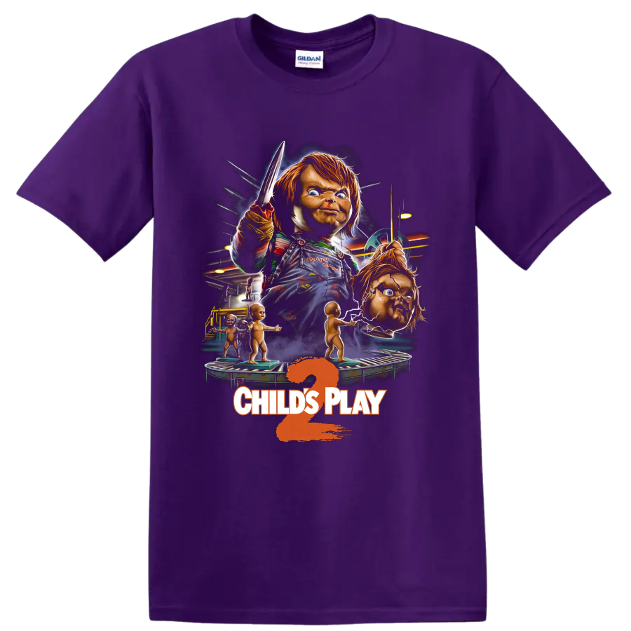 Chucky Child's Play 2 killer doll horror graphic with knife on a Purple T Shirt
