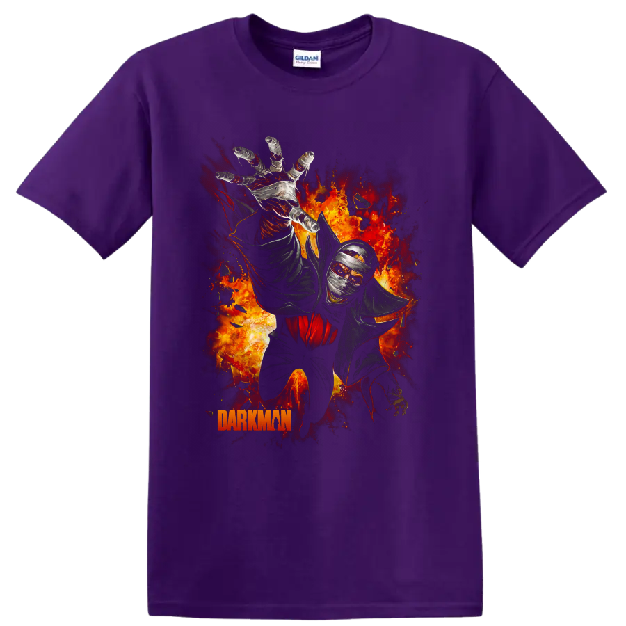 Darkman bandaged vigilante reaching through flames graphic print on a Purple T Shirt