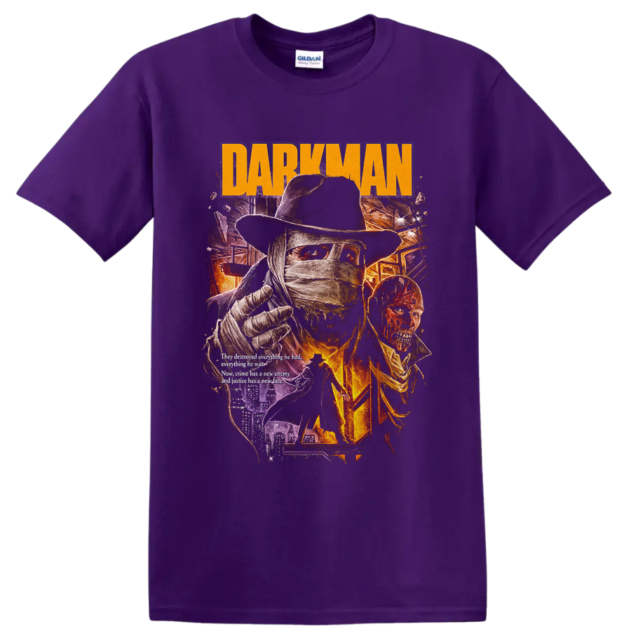 Darkman bandaged vigilante retro horror poster with DARKMAN text on a Purple T Shirt