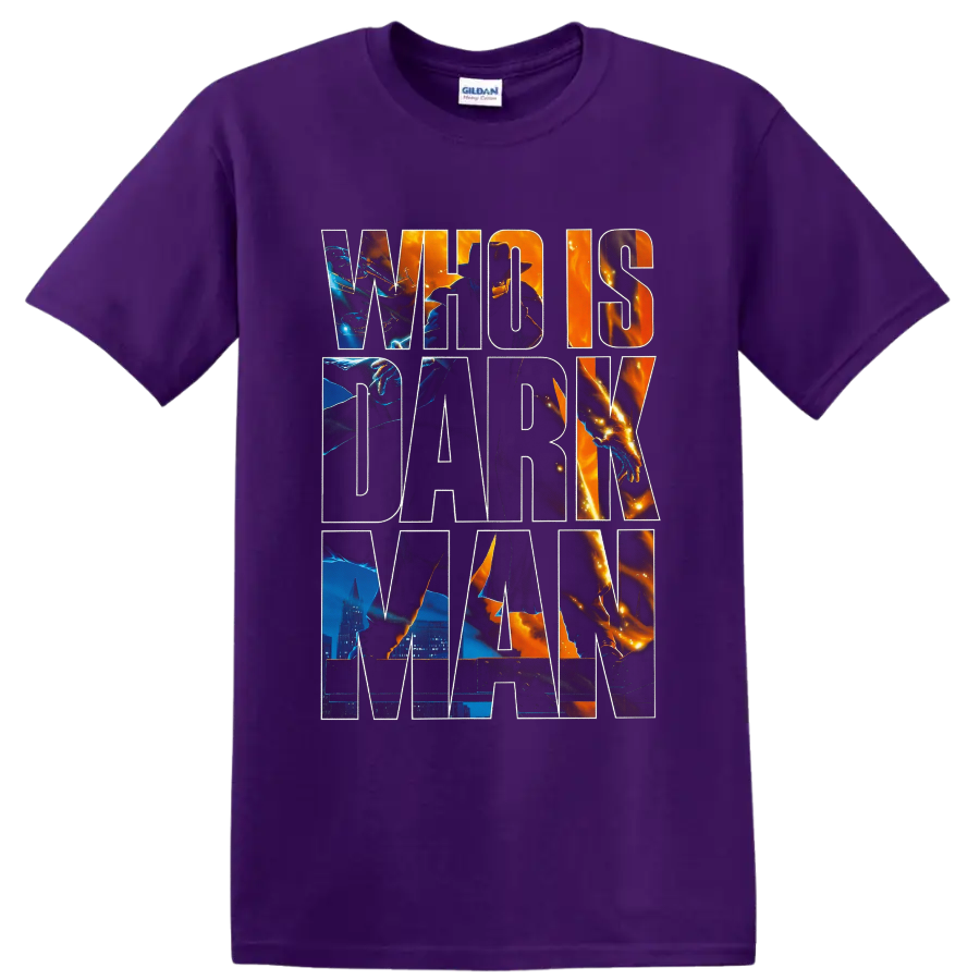 Darkman vigilante graphic with fiery city scenes and oversized lettering on a Purple T Shirt