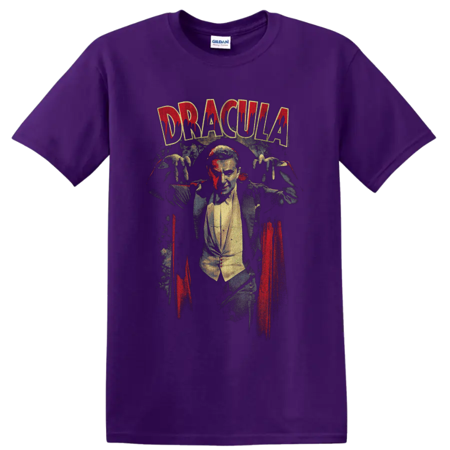 Dracula vampire character distressed Gothic horror graphic on a Purple T Shirt