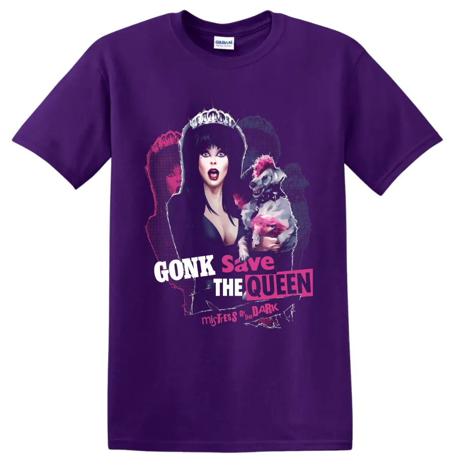 Elvira gothic queen with pink punk dog and GONK Save the Queen text on a Purple T Shirt