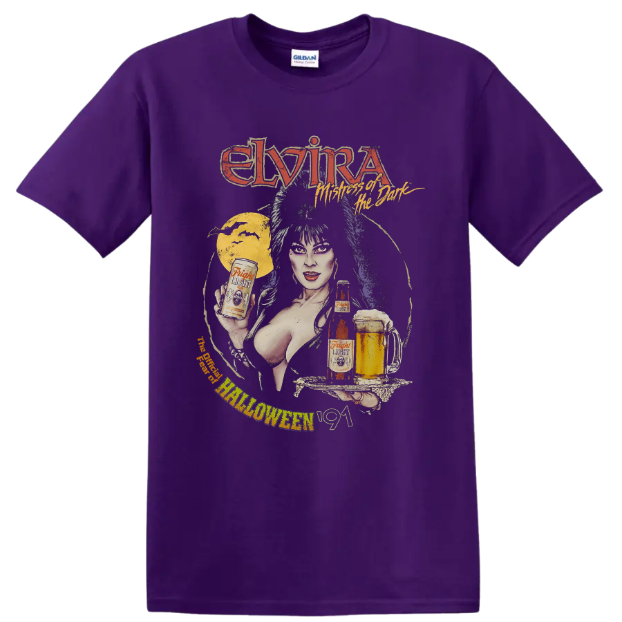 Elvira Mistress of the Dark vintage Halloween graphic with moon and beer on a Purple T Shirt
