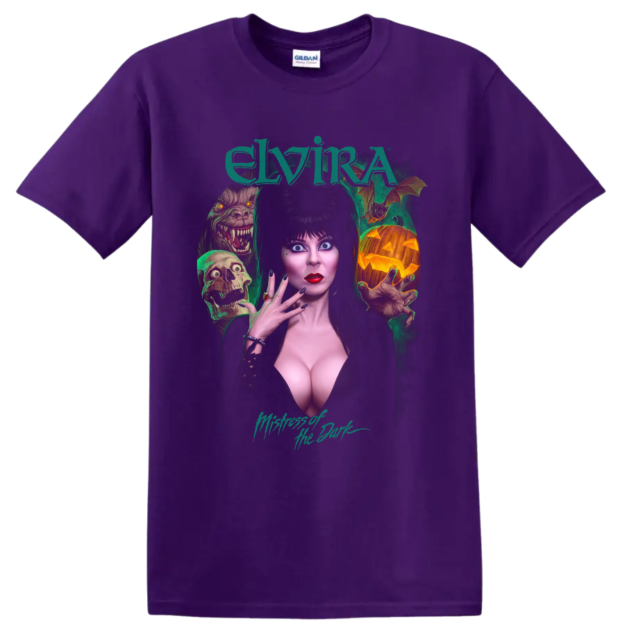Elvira Mistress of the Dark gothic horror portrait with monsters on a Purple T Shirt