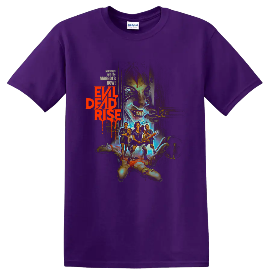 Evil Dead Rise horror graphic with possessed face, survivors, and chainsaw on a Purple T Shirt