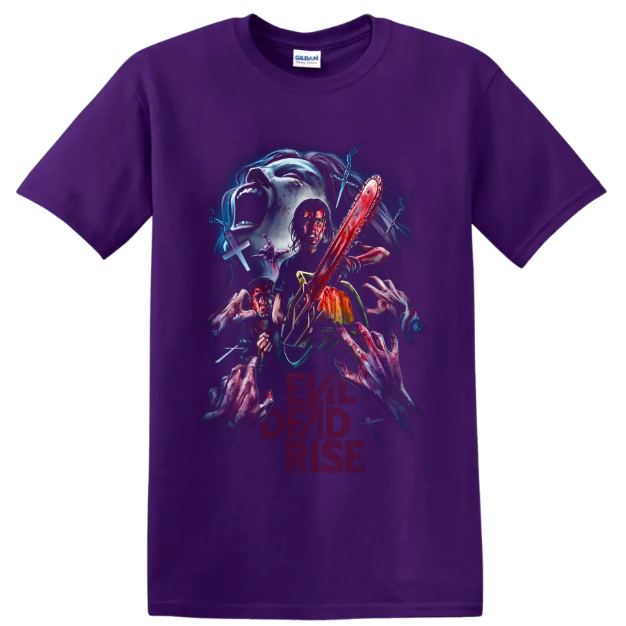 Evil Dead Rise bloody chainsaw horror artwork with possessed figures on a Purple T Shirt
