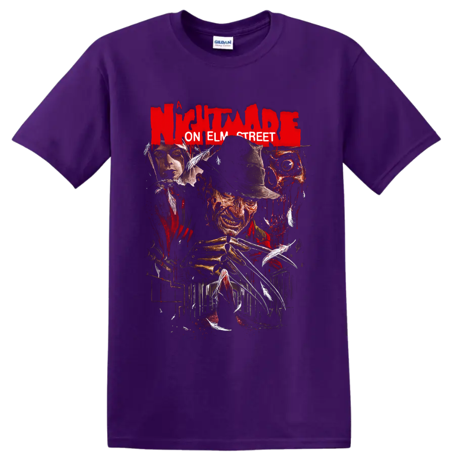 Freddy Krueger horror collage with clawed glove and Nightmare on Elm Street text on a Purple T Shirt