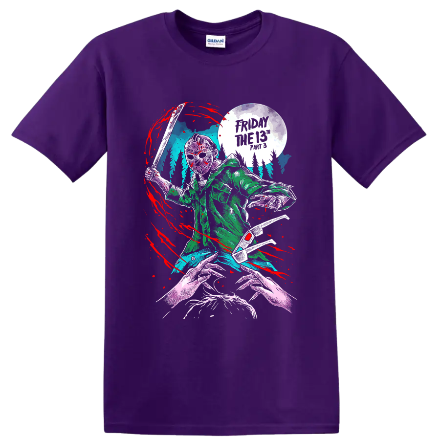 Friday the 13th masked slasher with machete beneath a full moon on a Purple T Shirt