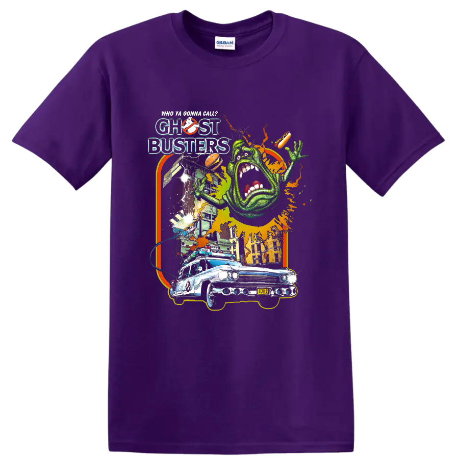 Ghostbusters Slimer and Ecto-1 retro graphic with movie lettering on a Purple T Shirt