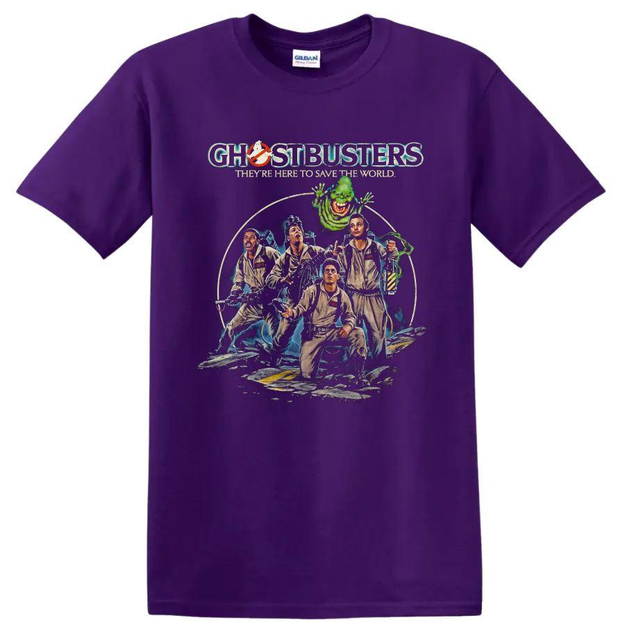 Ghostbusters II team and Slimer retro movie graphic with Ghostbusters text on a Purple T Shirt