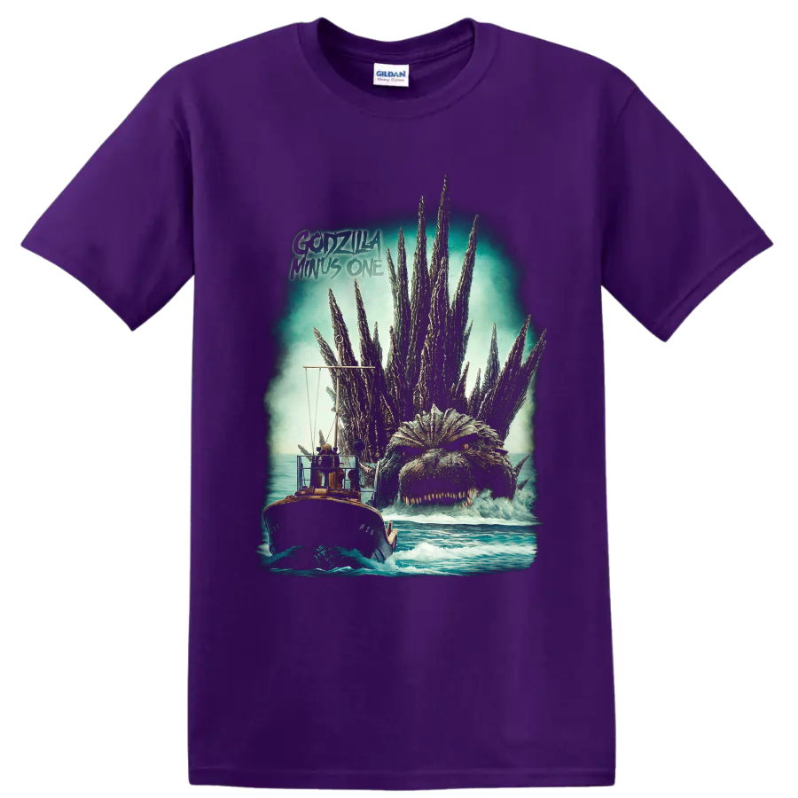 Godzilla rising behind a boat, vintage ocean horror graphic with title text on a Purple T Shirt
