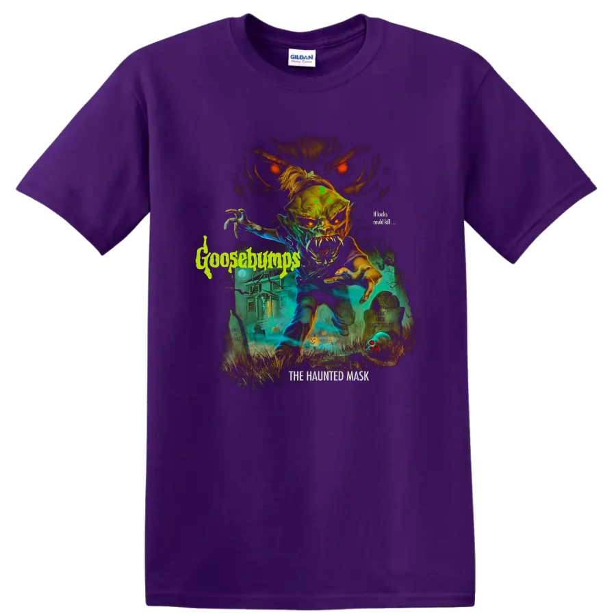 Goosebumps haunted mask monster graveyard graphic with glowing red eyes on a Purple T Shirt