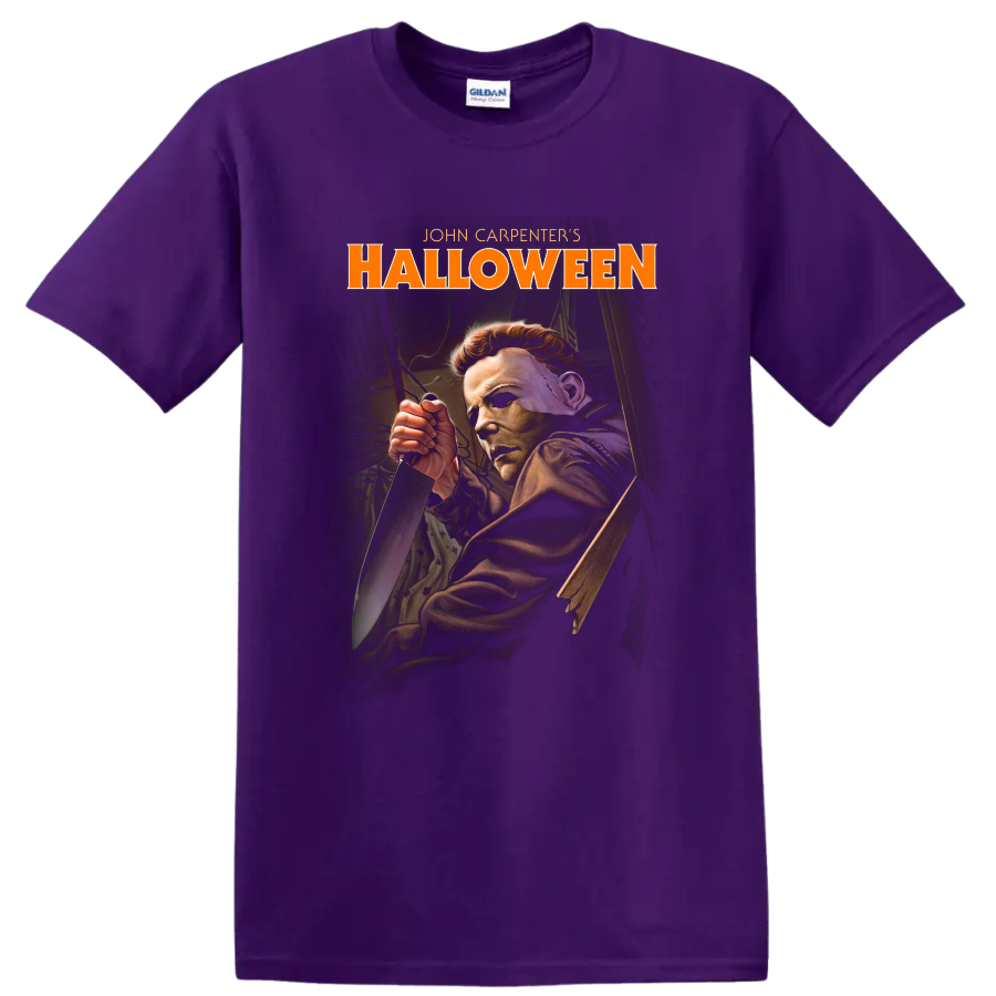Halloween horror poster art with masked knife-wielding figure on a Purple T Shirt