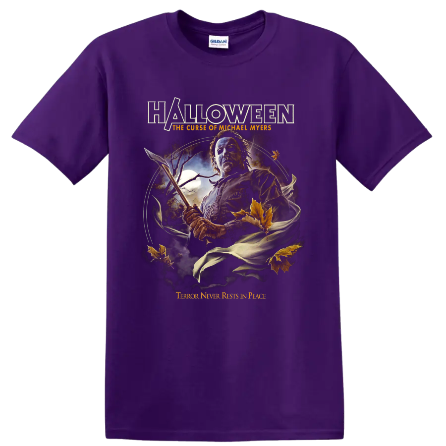 Michael Myers Halloween horror graphic with knife, moon, leaves, and title text on a Purple T Shirt