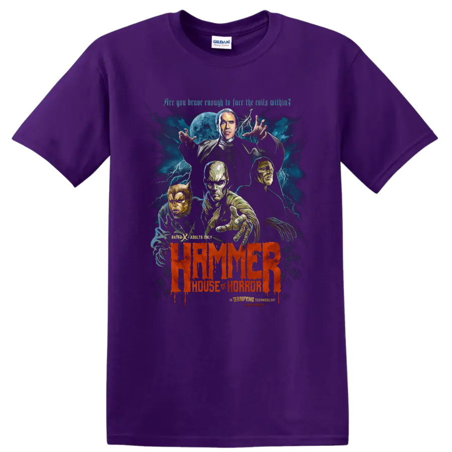 Hammer House of Horror monster poster art with moon, lightning, and red lettering on a Purple T Shirt