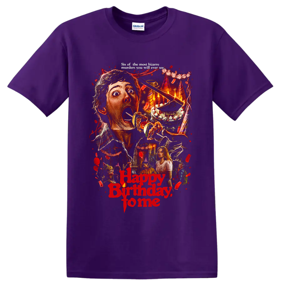 Happy Birthday to Me horror movie collage with birthday cake and red lettering on a Purple T Shirt