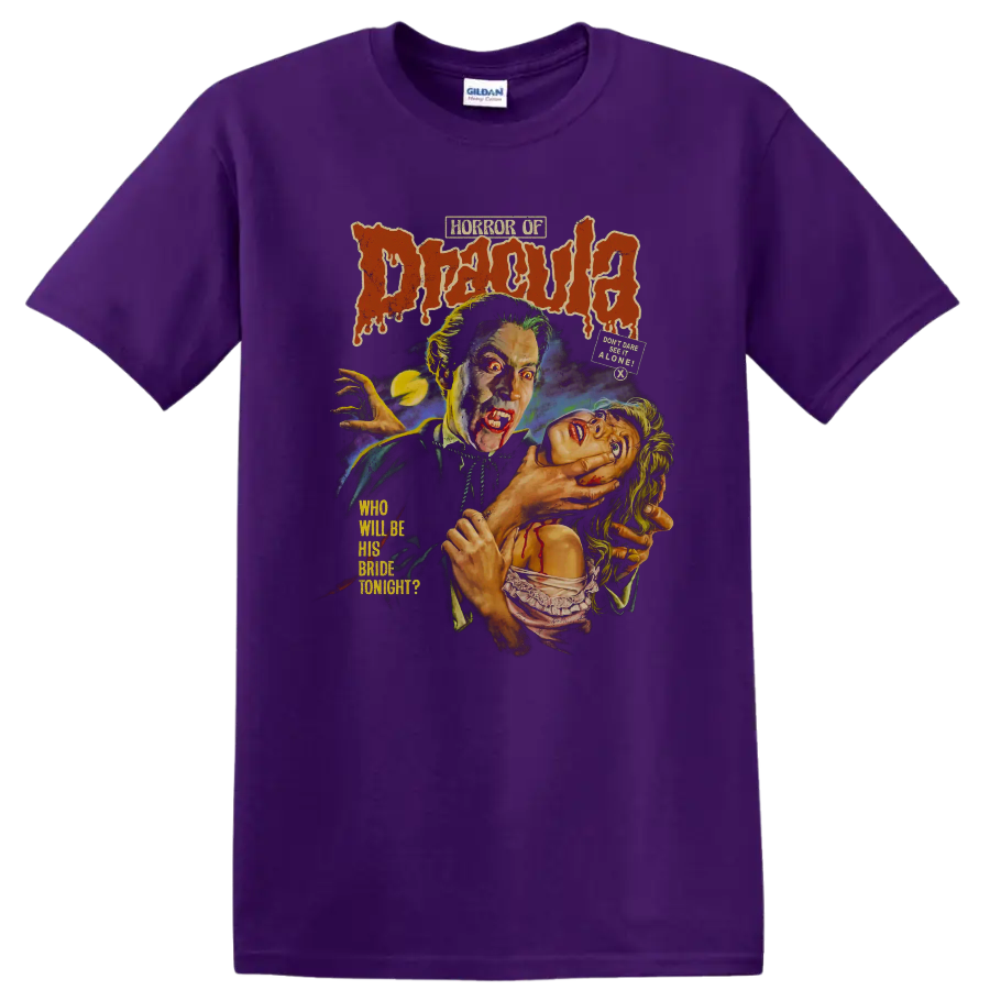 Horror of Dracula vintage gothic vampire movie poster graphic on a Purple T Shirt