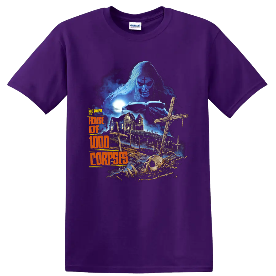House of 1000 Corpses gothic graveyard artwork with skeleton and haunted house on a Purple T Shirt