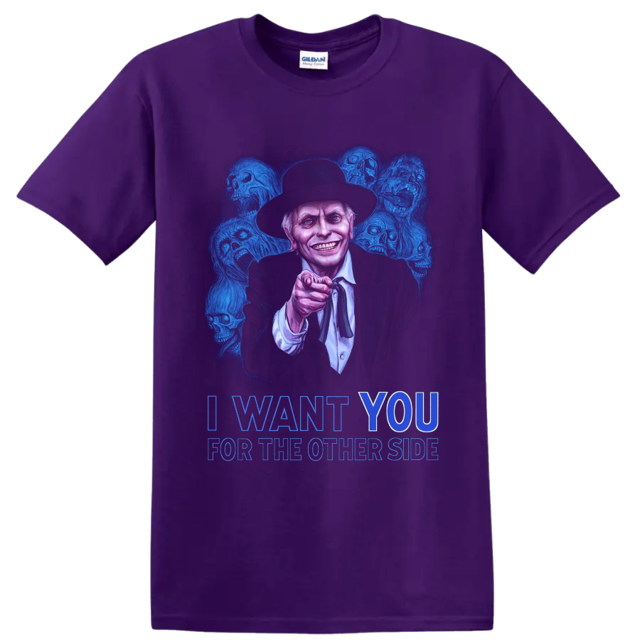 Poltergeist II preacher horror art with blue skulls and I Want You text on a Purple T Shirt