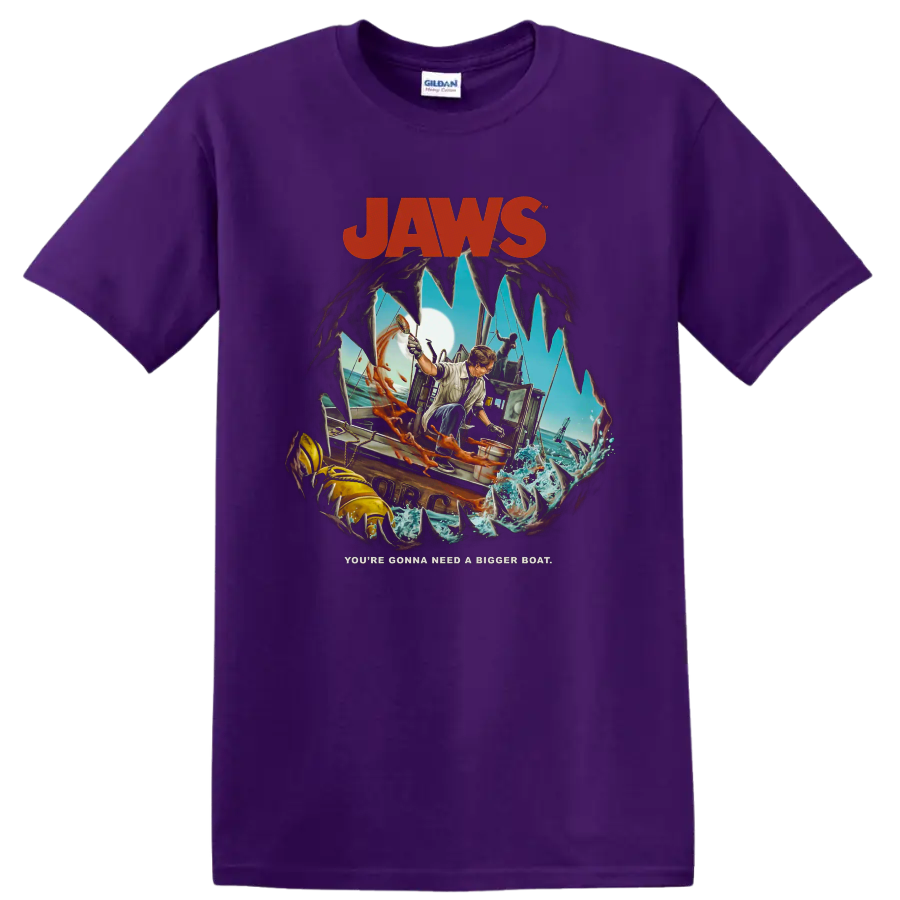 Jaws: The Revenge shark fishing boat graphic with You're Gonna Need a Bigger Boat on a Purple T Shirt