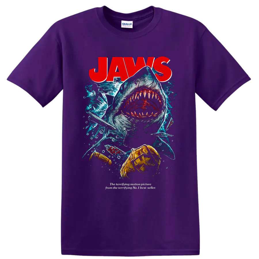 Jaws shark attack graphic print with diver and underwater horror artwork on a Purple T Shirt