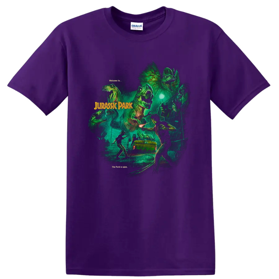 Jurassic Park dinosaur escape graphic with rainy jungle scene and movie lettering on a Purple T Shirt