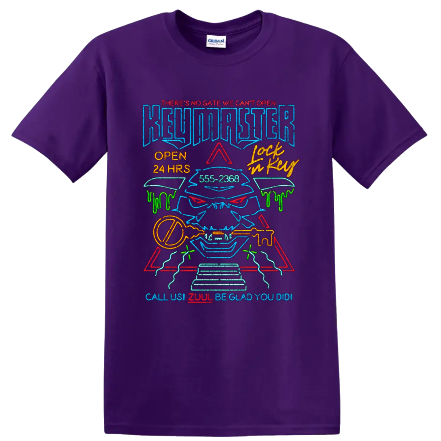 Ghostbusters neon gatekeeper graphic with key and retro lettering on a Purple T Shirt