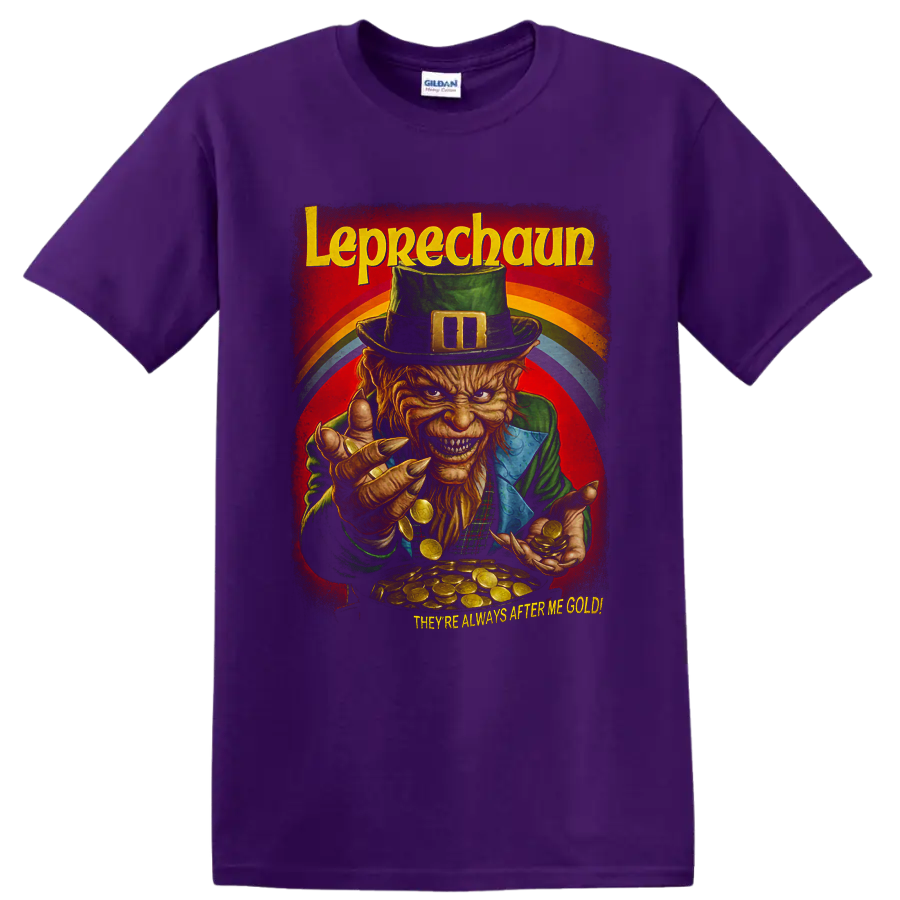Leprechaun horror movie graphic with gold coins and rainbow on a Purple T Shirt