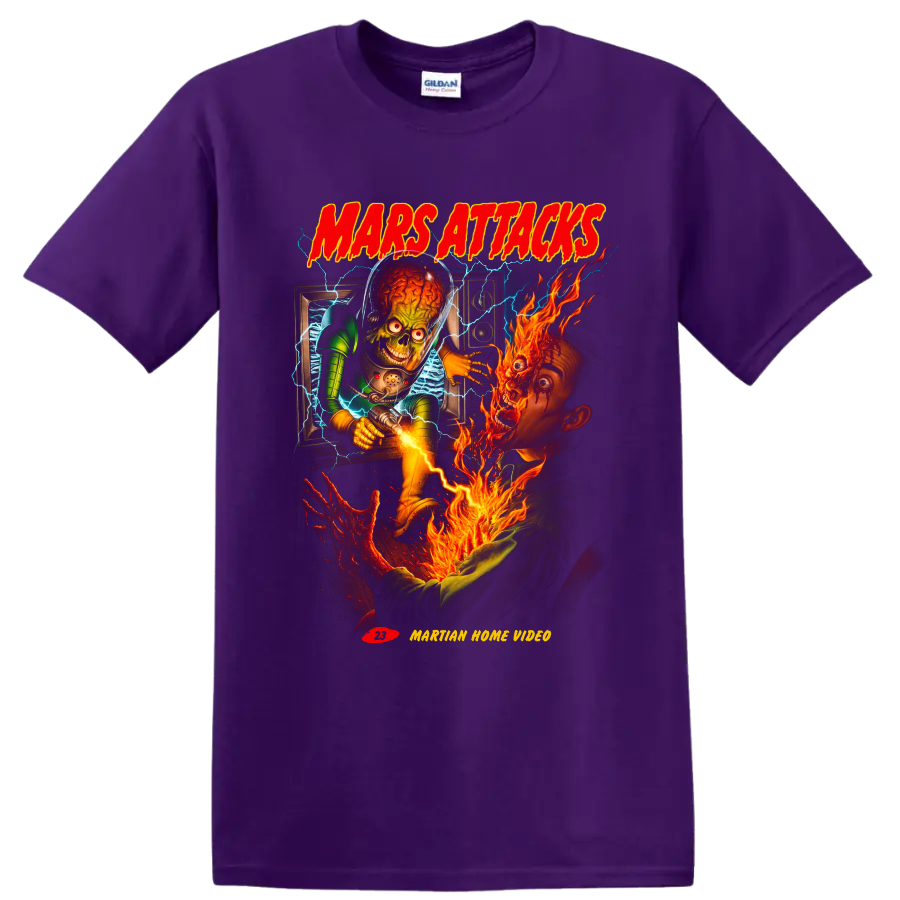 Mars Attacks! Martian invasion graphic with flames, lightning, and retro lettering on a Purple T Shirt