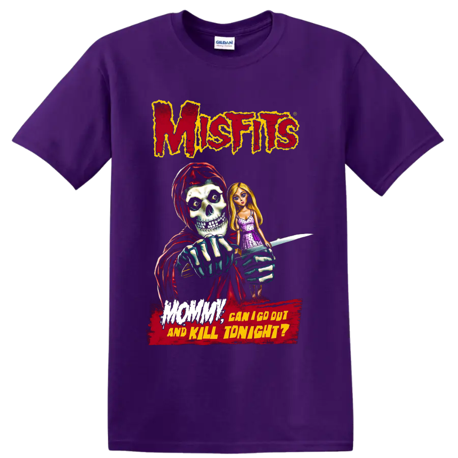 Misfits horror graphic with hooded skull, blonde doll, knife, and distressed text on a Purple T Shirt