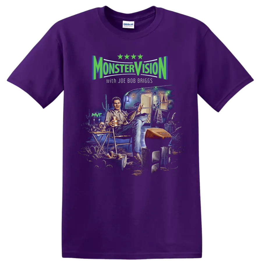 Monster Vision with Joe Bob Briggs trailer scene graphic print on a Purple T Shirt