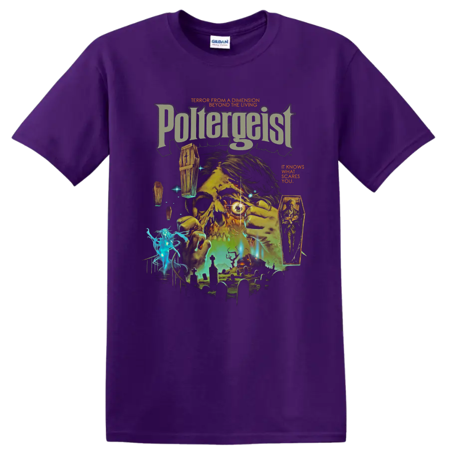 Poltergeist distressed horror collage with haunted house and cemetery on a Purple T Shirt