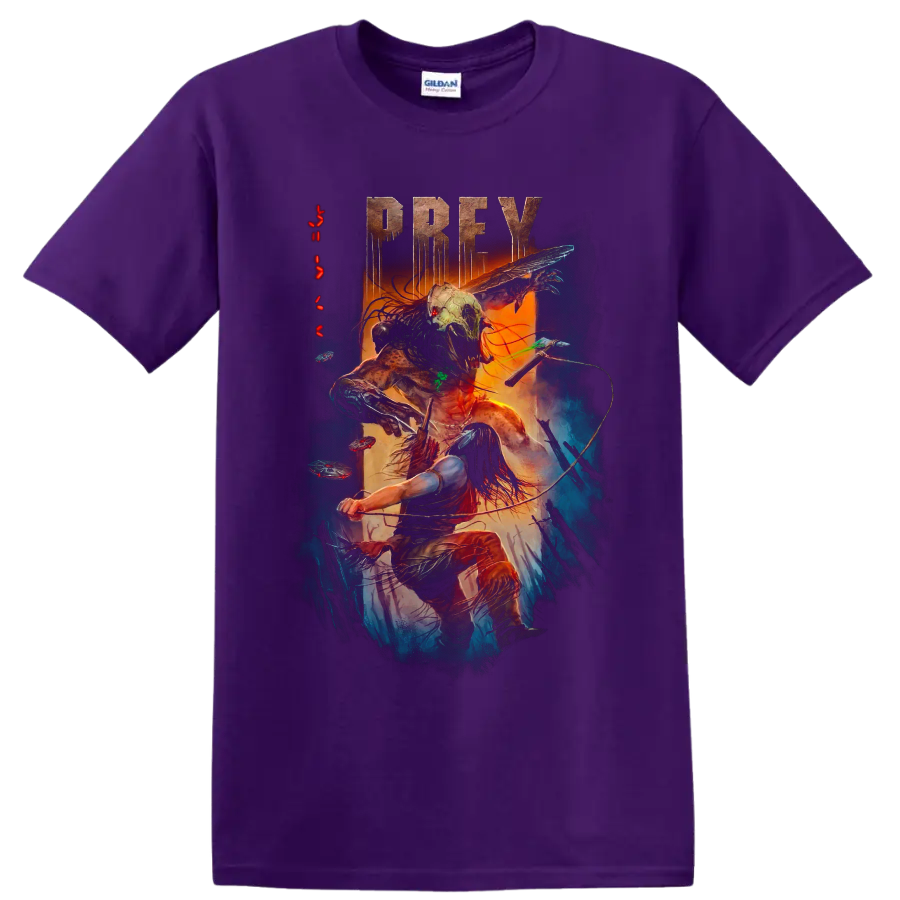 Prey graphic print of warrior battling a masked alien hunter on a Purple T Shirt